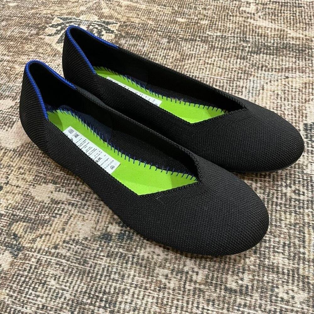 Rothy's The Flat Black Knit Ballet Flats Women's Size W8 Blue Trim Slip On